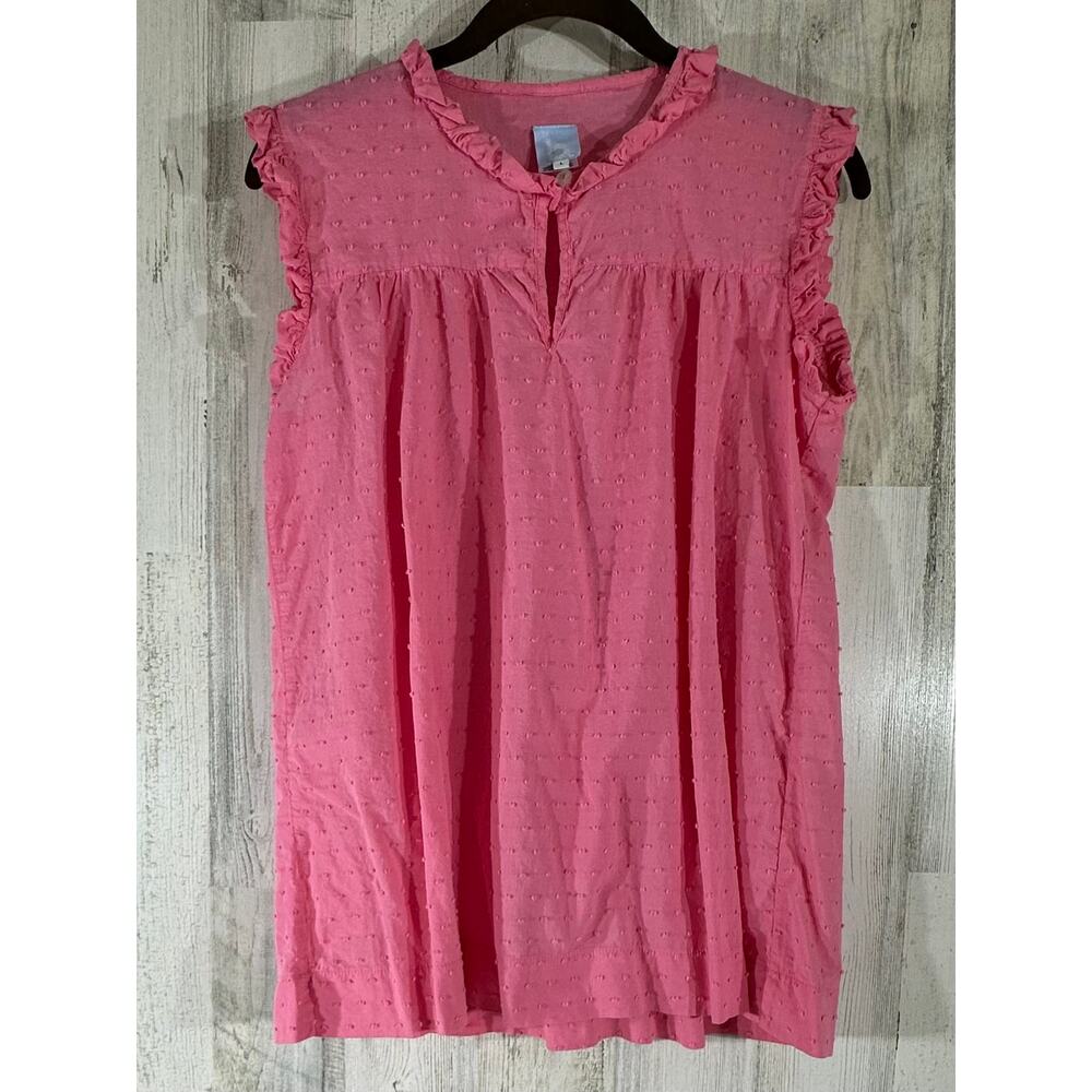 Bella Bliss Womens Top Size Large Pink Swiss Dot Ruffled Neck Sleeve Semi-sheer - Picture 2 of 9